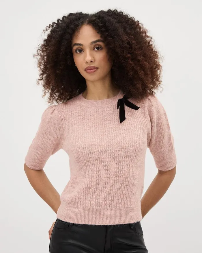 RWandCO Tops ElbowSleeve CrewNeck Pullover With Bow Rose Dust Mix 8211 Women