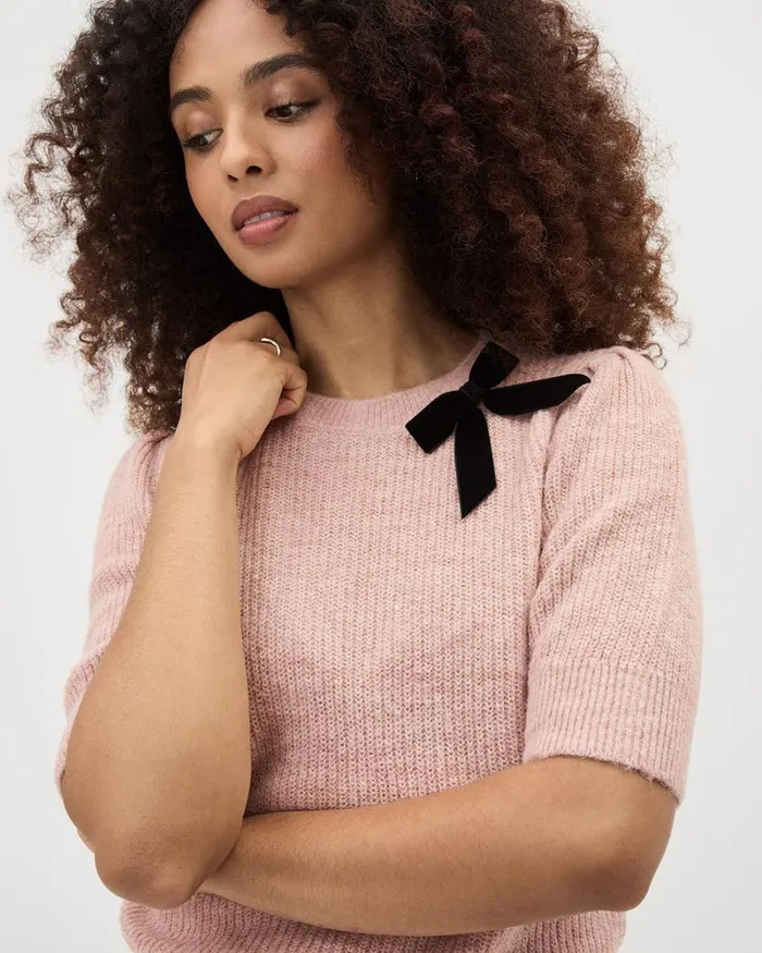 RWandCO Tops ElbowSleeve CrewNeck Pullover With Bow Rose Dust Mix 8211 Women RWandCO Tops ElbowSleeve CrewNeck Pullover With Bow Rose Dust Mix 8211 Women