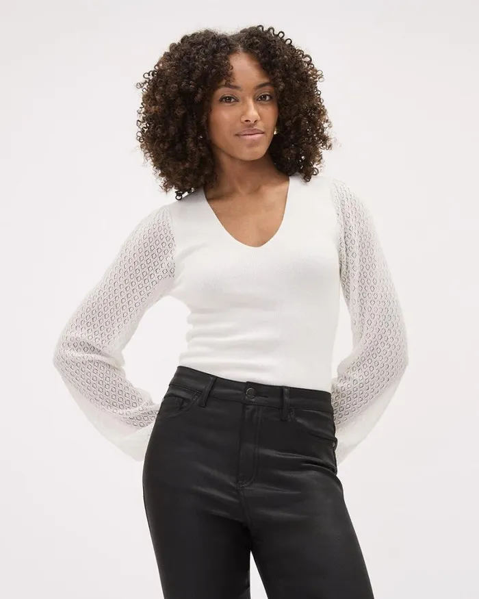 RWandCO Tops LongPuffySleeve VNeck Sweater With Pointelle Stitches Coconut Milk 8211 Women RWandCO Tops LongPuffySleeve VNeck Sweater With Pointelle Stitches Coconut Milk 8211 Women