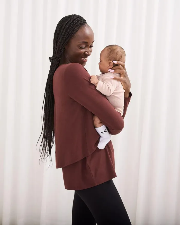RWandCO Tops LongSleeve Nursing Tee 8211 Thyme Maternity Rum Raisin 8211 Women