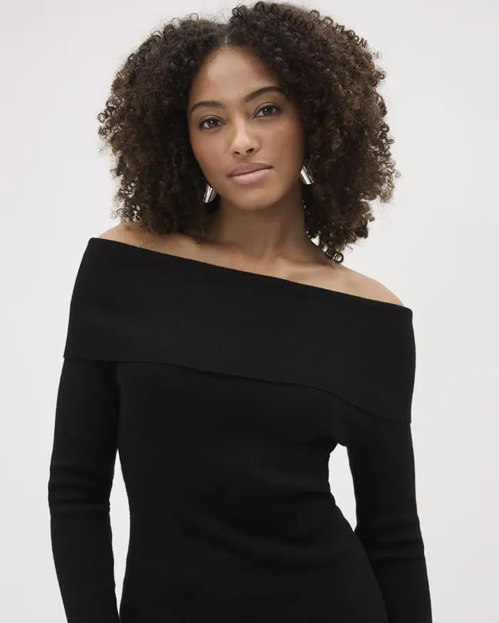 RWandCO Tops LongSleeve OfftheShoulder Fitted Sweater Black 8211 Women