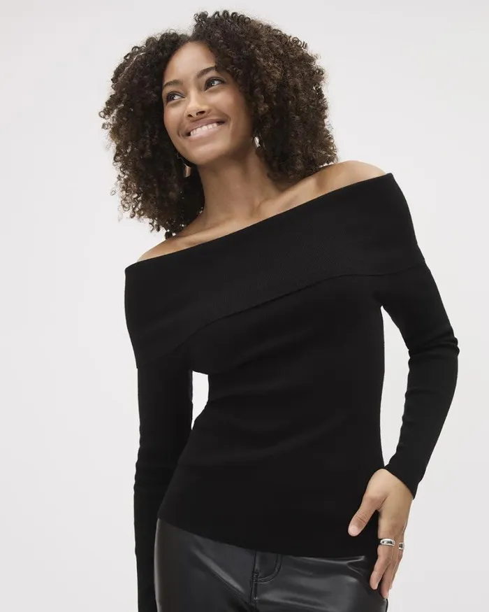 RWandCO Tops LongSleeve OfftheShoulder Fitted Sweater Black 8211 Women RWandCO Tops LongSleeve OfftheShoulder Fitted Sweater Black 8211 Women