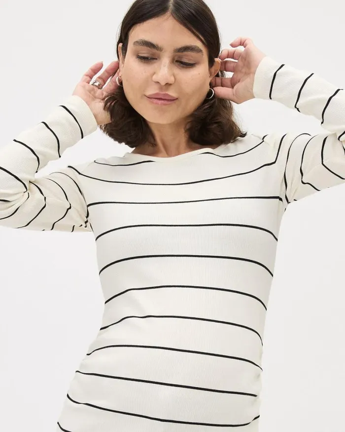 RWandCO Tops LongSleeve Ribbed Top With Side Shirrings 8211 Thyme Maternity Antique White Multi 8211 Women RWandCO Tops LongSleeve Ribbed Top With Side Shirrings 8211 Thyme Maternity Antique White Multi 8211 Women