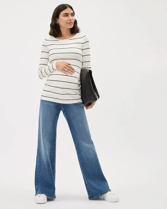 RWandCO Tops LongSleeve Ribbed Top With Side Shirrings 8211 Thyme Maternity Antique White Multi 8211 Women