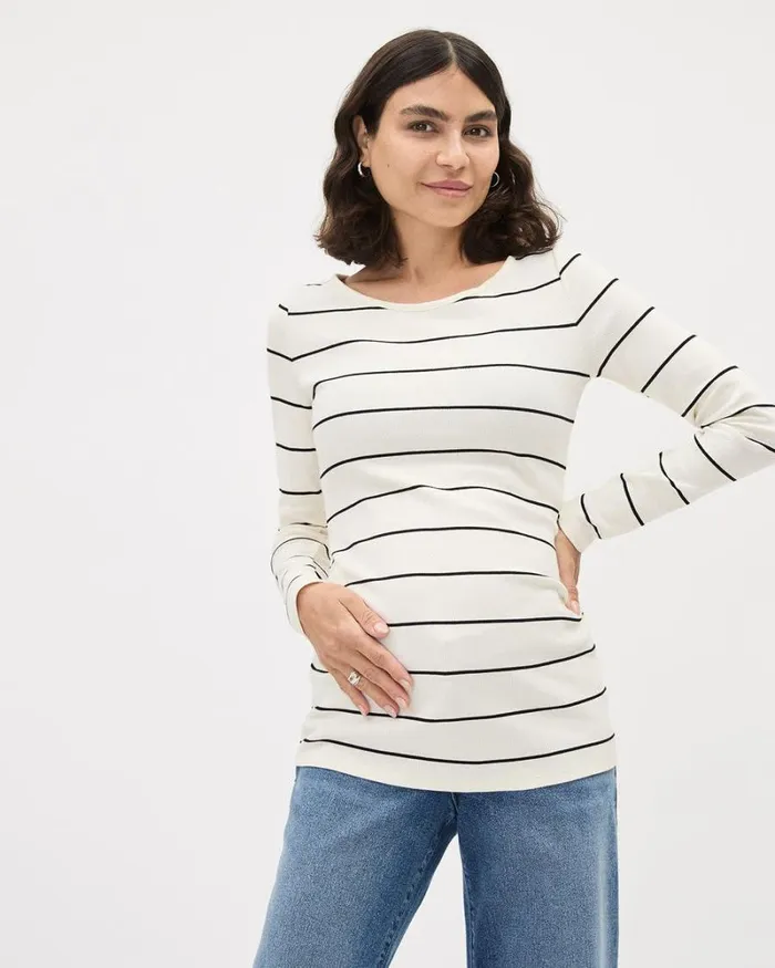 RWandCO Tops LongSleeve Ribbed Top With Side Shirrings 8211 Thyme Maternity Antique White Multi 8211 Women