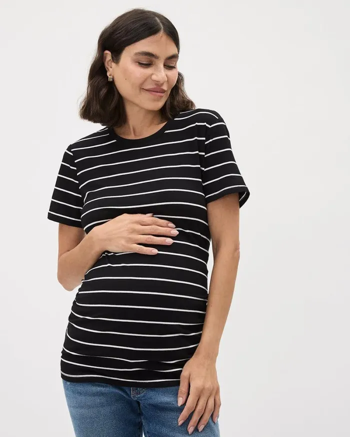 RWandCO Tops Striped ClassicFit ShortSleeve Tee 8211 Thyme Maternity Black And Coconut Milk Stripe 8211 Women RWandCO Tops Striped ClassicFit ShortSleeve Tee 8211 Thyme Maternity Black And Coconut Milk Stripe 8211 Women