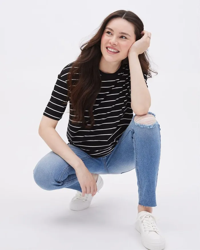RWandCO Tops Striped RelaxedFit ShortSleeve Tee 8211 Thyme Maternity Black And White Stripe 8211 Women RWandCO Tops Striped RelaxedFit ShortSleeve Tee 8211 Thyme Maternity Black And White Stripe 8211 Women