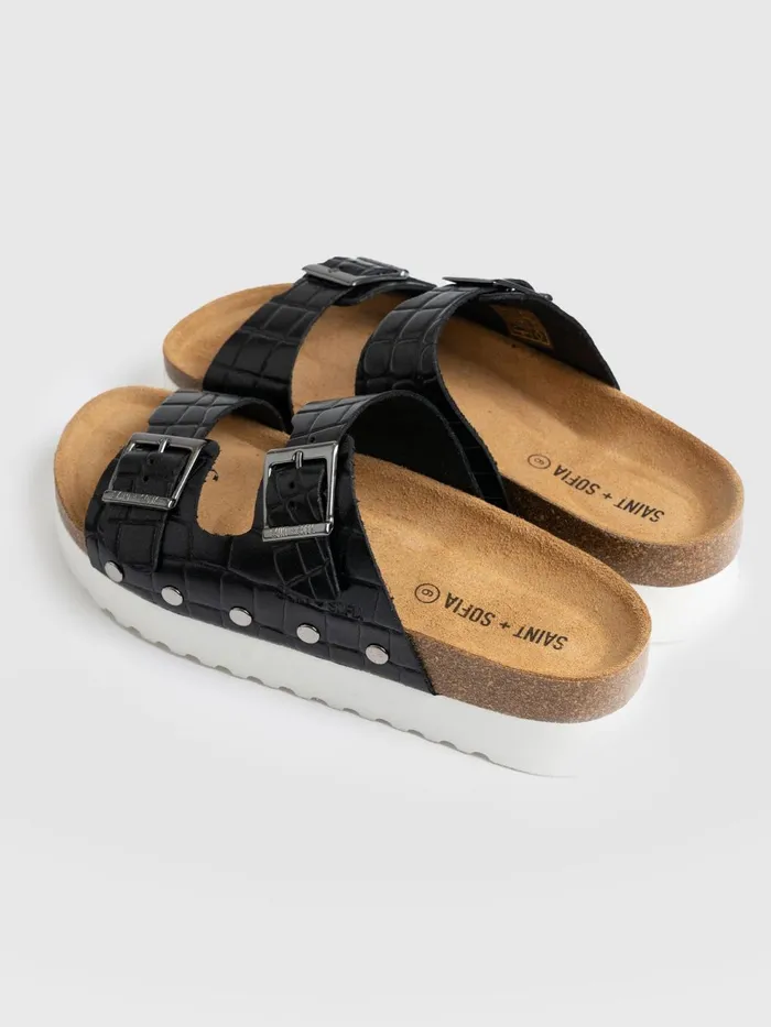 Saint And Sofia All Sandals Women Sutton Slide 8211 Black Croc Studded Black Croc Studded
