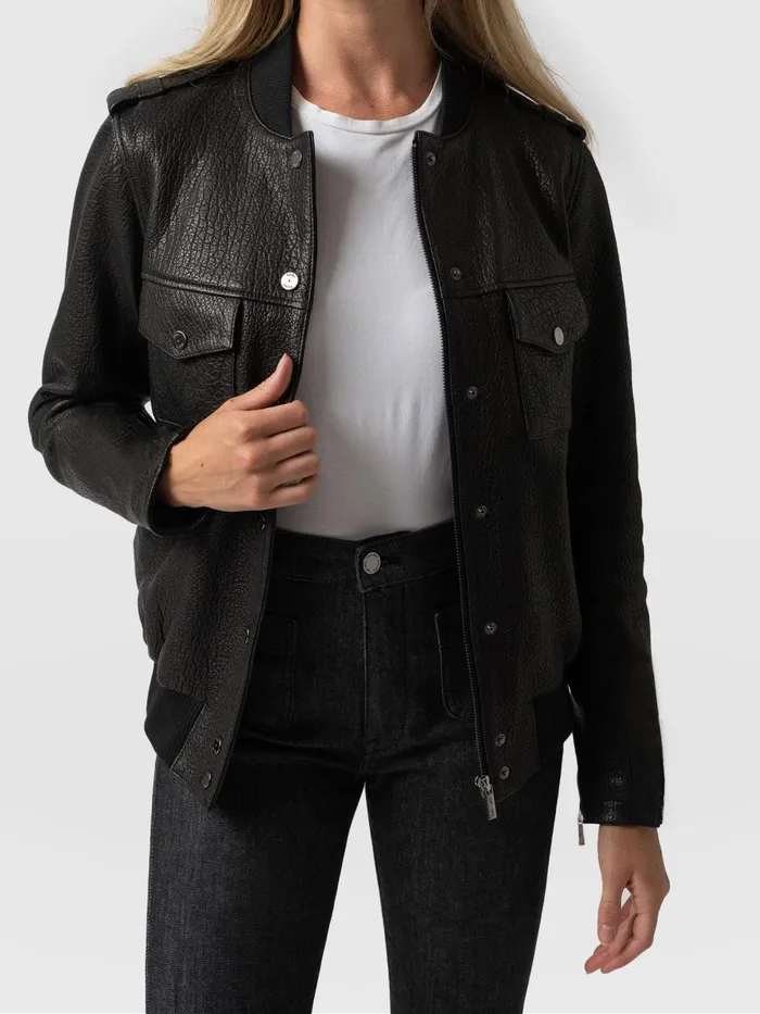 Saint And Sofia Coats and Jackets Women Delphi Leather Bomber Jacket 8211 Black Black