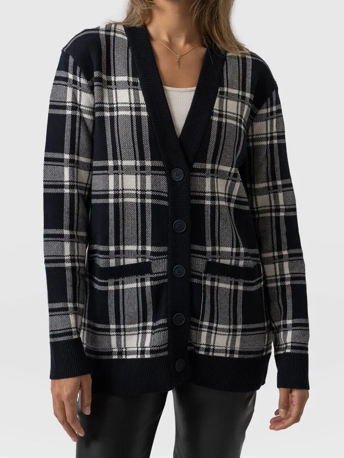 Saint And Sofia Knitwear Women College Cardigan 8211 Navy Cream Check Navy Cream Check