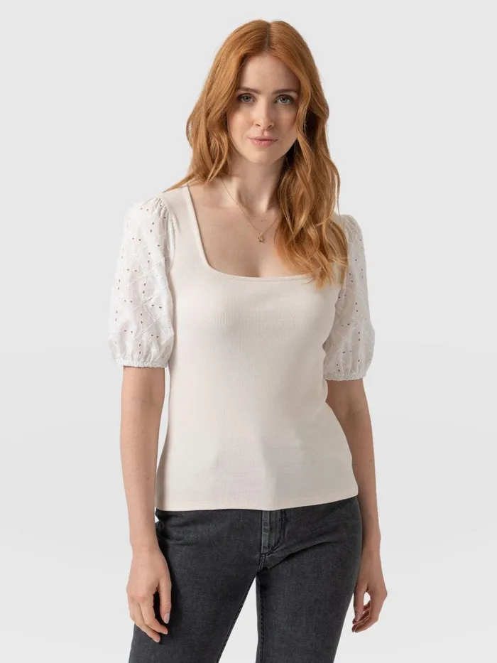 Saint And Sofia TShirts and Tanks Women Cavendish Square Neck Tee 8211 Cream Broderie Cream Broderie