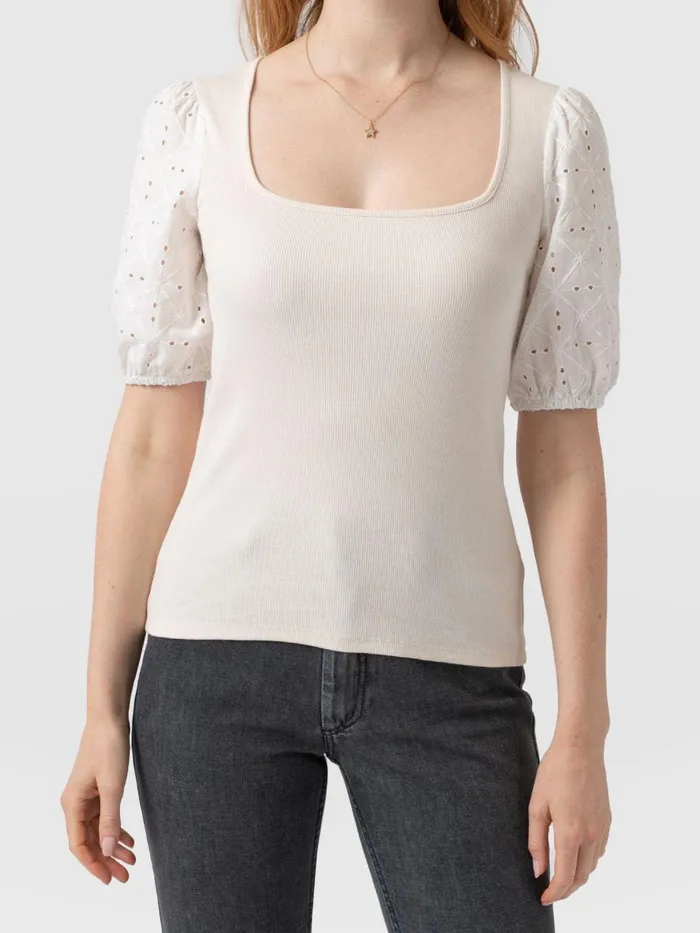 Saint And Sofia TShirts and Tanks Women Cavendish Square Neck Tee 8211 Cream Broderie Cream Broderie