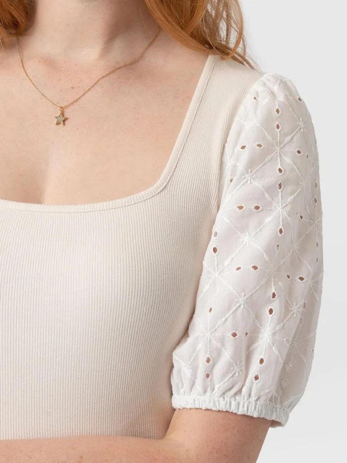 Saint And Sofia TShirts and Tanks Women Cavendish Square Neck Tee 8211 Cream Broderie Cream Broderie