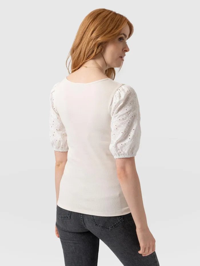 Saint And Sofia TShirts and Tanks Women Cavendish Square Neck Tee 8211 Cream Broderie Cream Broderie
