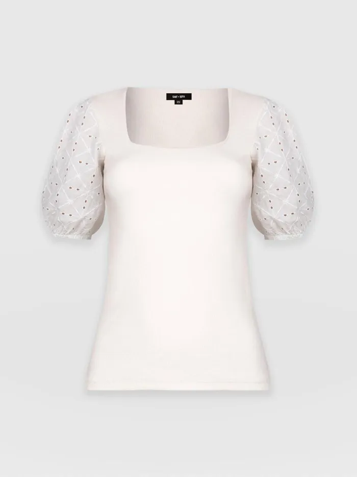 Saint And Sofia TShirts and Tanks Women Cavendish Square Neck Tee 8211 Cream Broderie Cream Broderie
