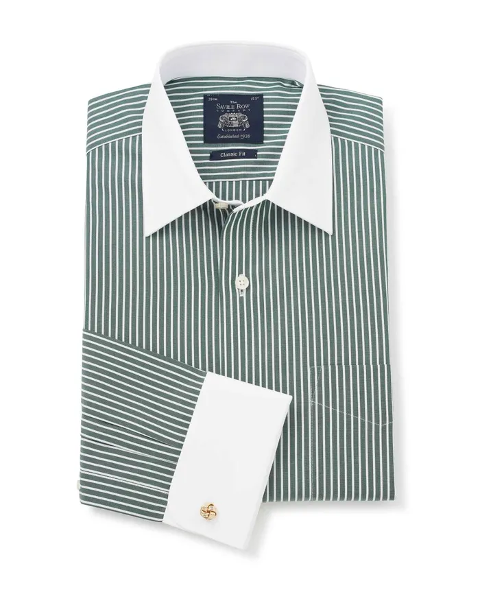 Savile Row Company Dark Green Reverse Stripe Classic Fit Shirt With White Collar and Cuffs Green Stripe Men Formal Shirts
