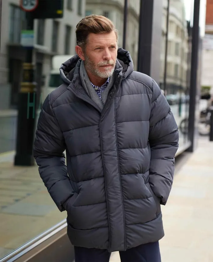 Savile Row Company Dark Grey Hooded Puffer Jacket With Rib Knit Storm Cuffs Dark Grey Men Outerwear
