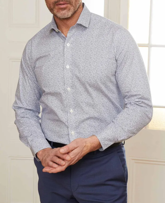 Savile Row Company Navy White Stretch Cotton Printed Slim Fit Casual Shirt Men Smart Casual Shirts Savile Row Company Navy White Stretch Cotton Printed Slim Fit Casual Shirt Men Smart Casual Shirts