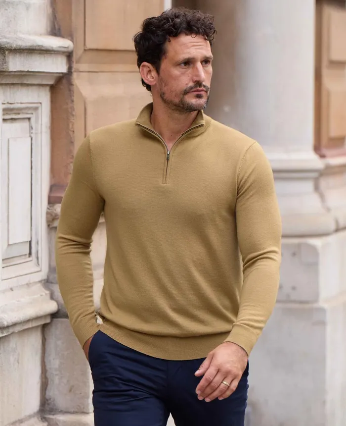 Savile Row Company Tan Merino Wool Zip Neck Jumper Tan Men Casual Tops