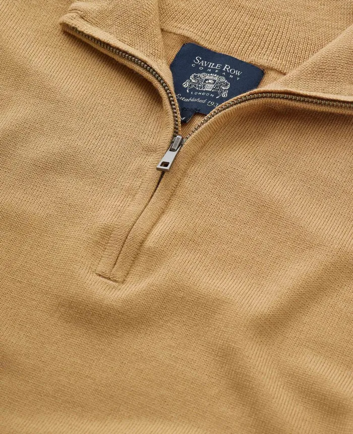 Savile Row Company Tan Merino Wool Zip Neck Jumper Tan Men Casual Tops
