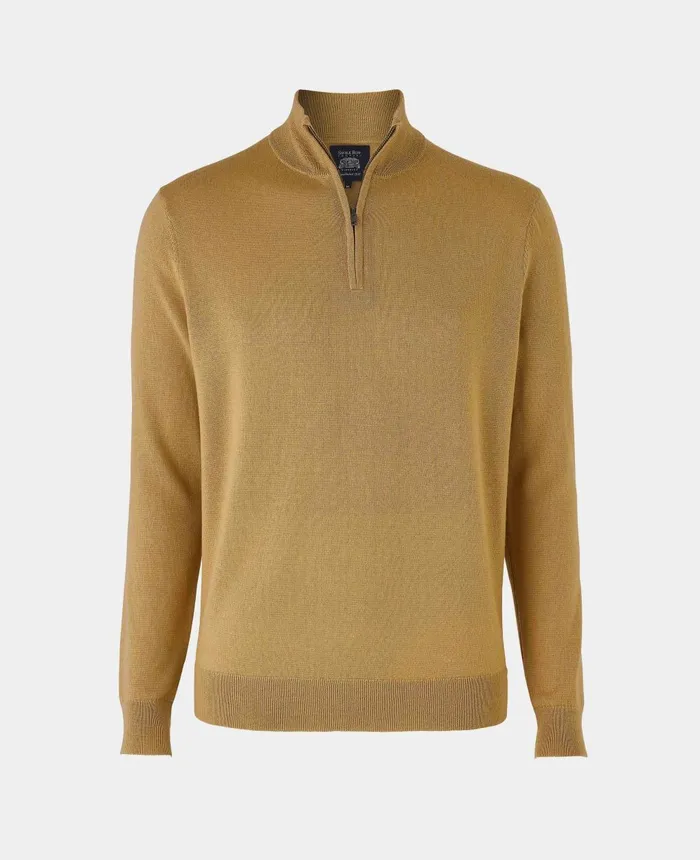 Savile Row Company Tan Merino Wool Zip Neck Jumper Tan Men Casual Tops