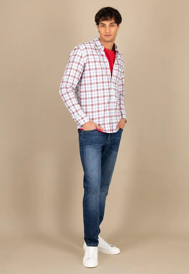 Shirts Men FYNCHHATTON Checked Cotton Shirt With Buttondown Collar Poppy Redstrong Blue