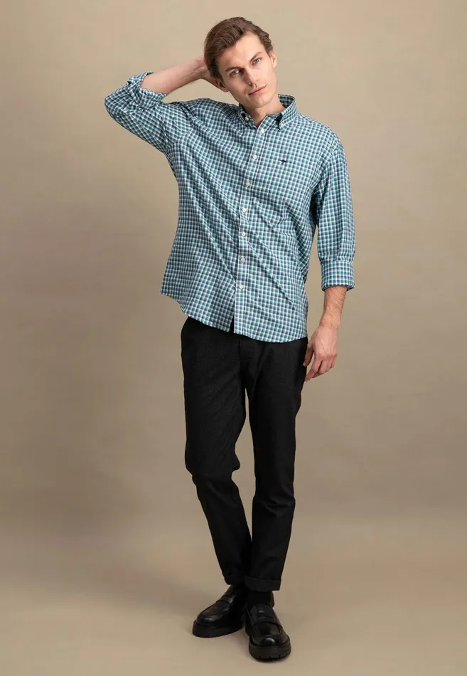 Shirts Men FYNCHHATTON Checked Shirt With Buttondown Collar Grass Greenhazelmidnight
