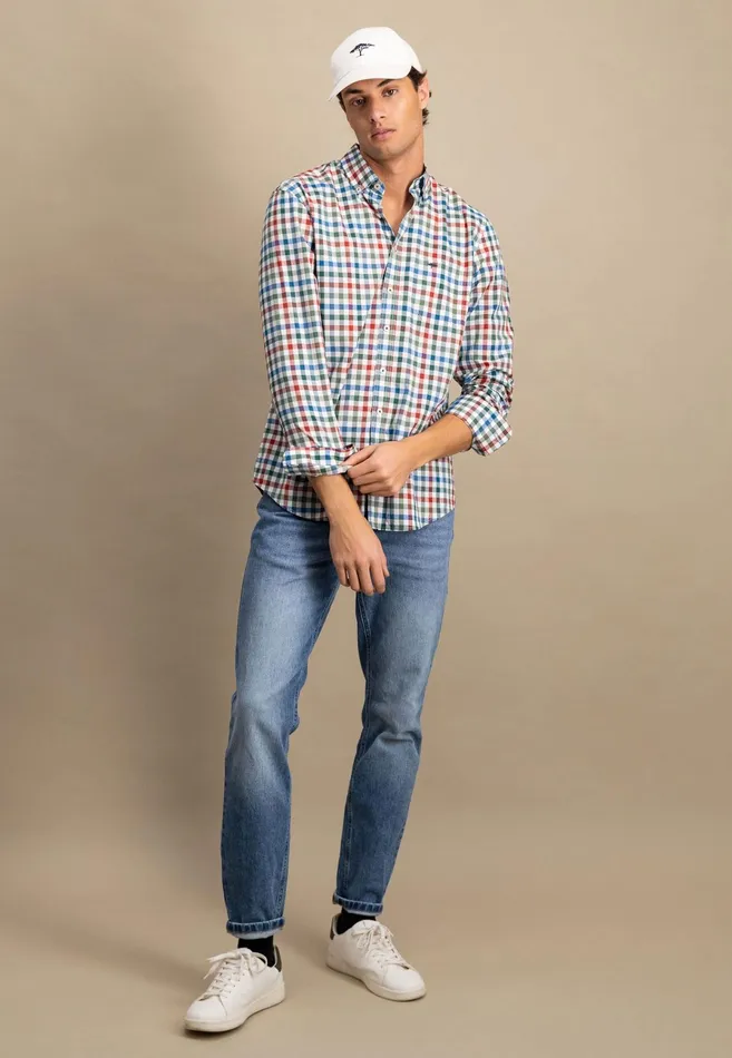 Shirts Men FYNCHHATTON Checked Shirt With Buttondown Collar Rustfuchsiaflamegrass Green