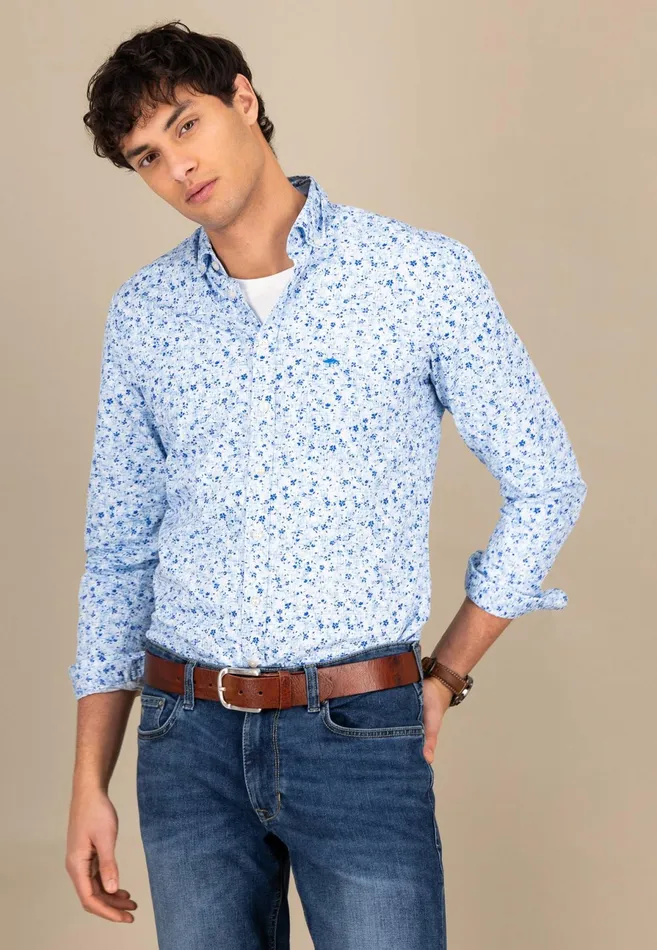 Shirts Men FYNCHHATTON Cotton Shirt With Buttondown Collar Navysplashy Ocean