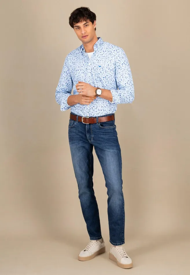 Shirts Men FYNCHHATTON Cotton Shirt With Buttondown Collar Navysplashy Ocean