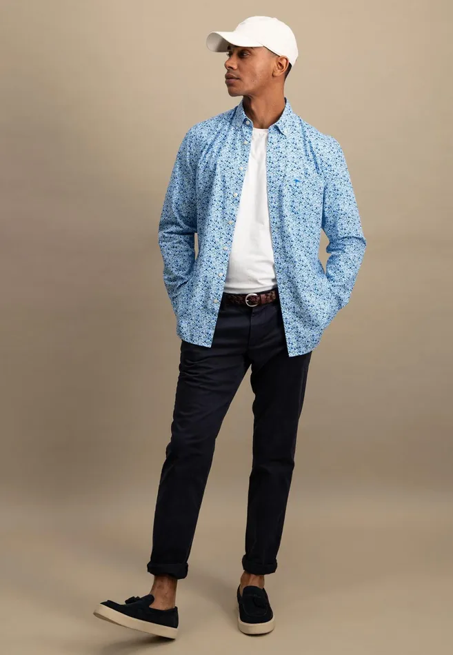 Shirts Men FYNCHHATTON Cotton Shirt With Buttondown Collar Navysplashy Ocean