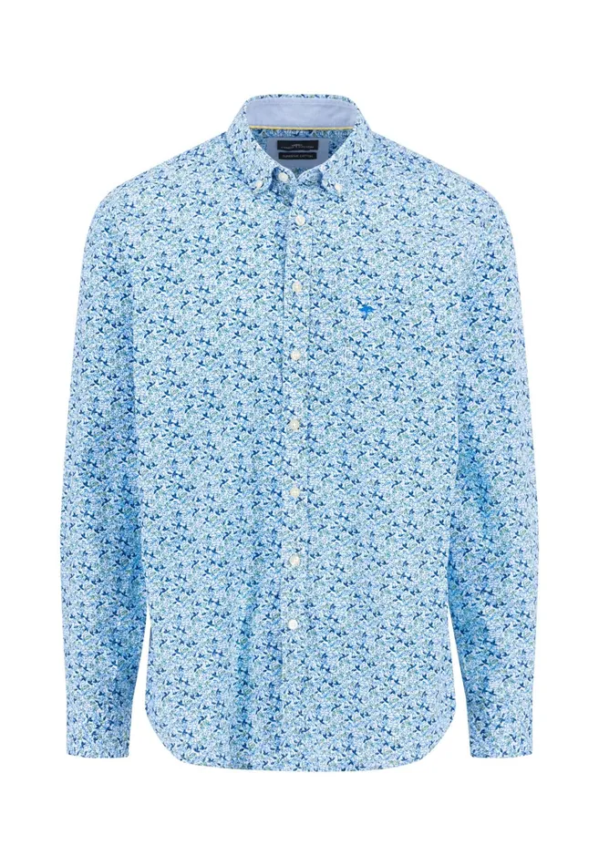 Shirts Men FYNCHHATTON Cotton Shirt With Buttondown Collar Navysplashy Ocean