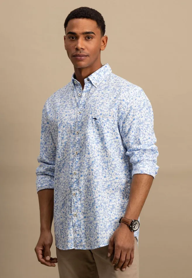 Shirts Men FYNCHHATTON Linen Shirt With Botanical Pattern Summer Breezenavywhitesand Shirts Men FYNCHHATTON Linen Shirt With Botanical Pattern Summer Breezenavywhitesand
