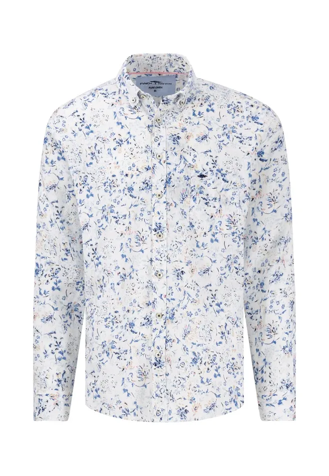 Shirts Men FYNCHHATTON Linen Shirt With Botanical Pattern Summer Breezenavywhitesand