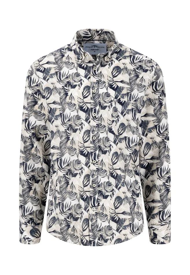 Shirts Men FYNCHHATTON Linen Shirt With Botanical Pattern Summer Breezenavywhitesand