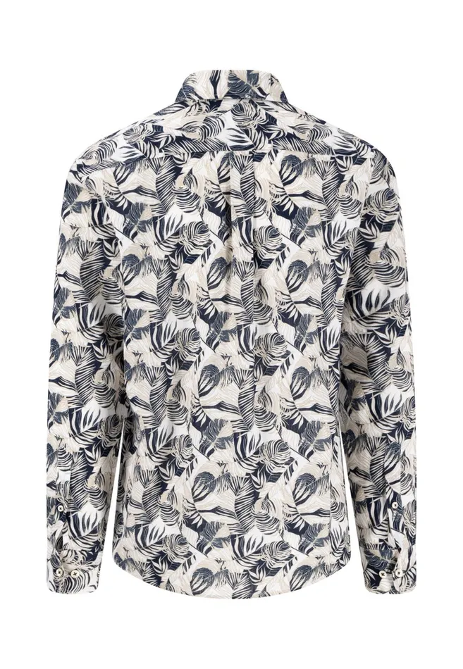 Shirts Men FYNCHHATTON Linen Shirt With Botanical Pattern Summer Breezenavywhitesand