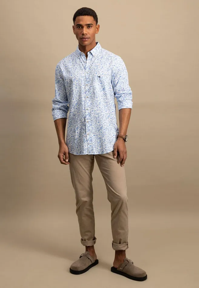 Shirts Men FYNCHHATTON Linen Shirt With Botanical Pattern Summer Breezenavywhitesand