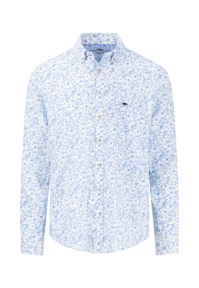 Shirts Men FYNCHHATTON Linen Shirt With Botanical Pattern Summer Breezenavywhitesand