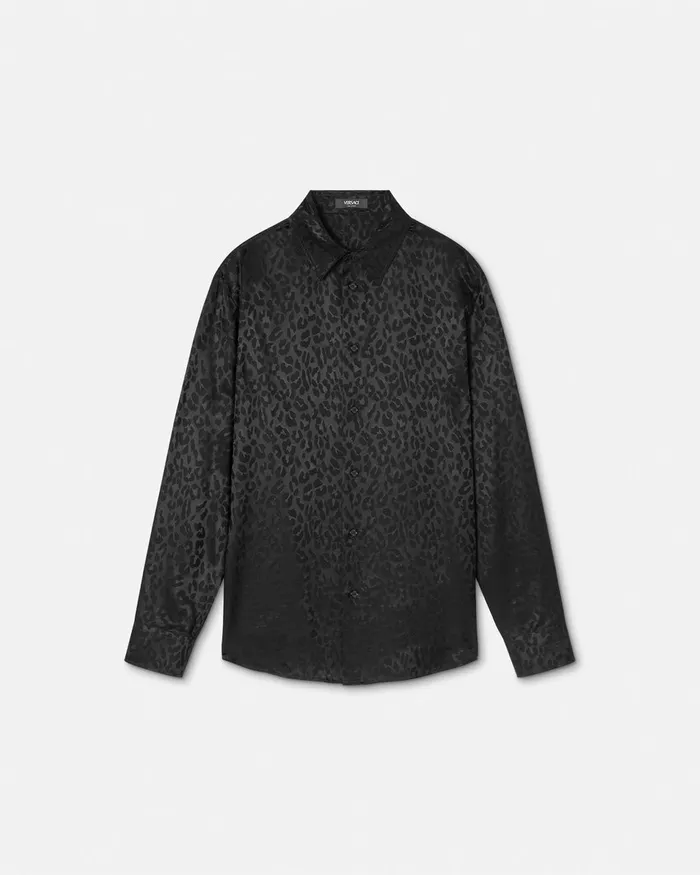Shirts Men Versace Leopard Jacquard Satin Shirt Black