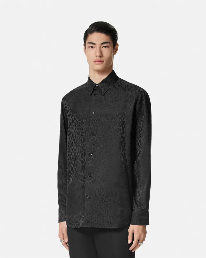 Shirts Men Versace Leopard Jacquard Satin Shirt Black
