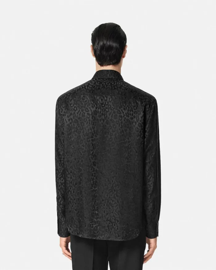 Shirts Men Versace Leopard Jacquard Satin Shirt Black