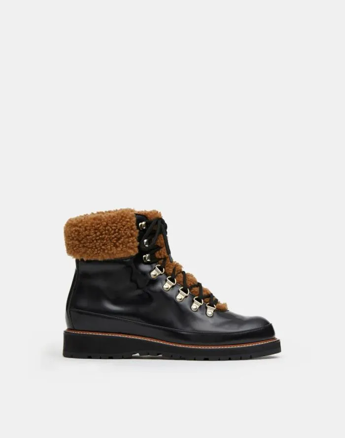 Shoes Brushed Leather and Shearling LaceUp Lug Sole Boot Black Multi Lafayette 148 New York Boots