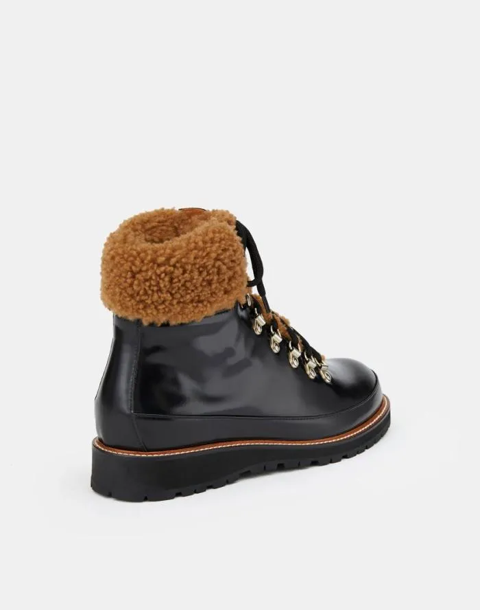 Shoes Brushed Leather and Shearling LaceUp Lug Sole Boot Black Multi Lafayette 148 New York Boots