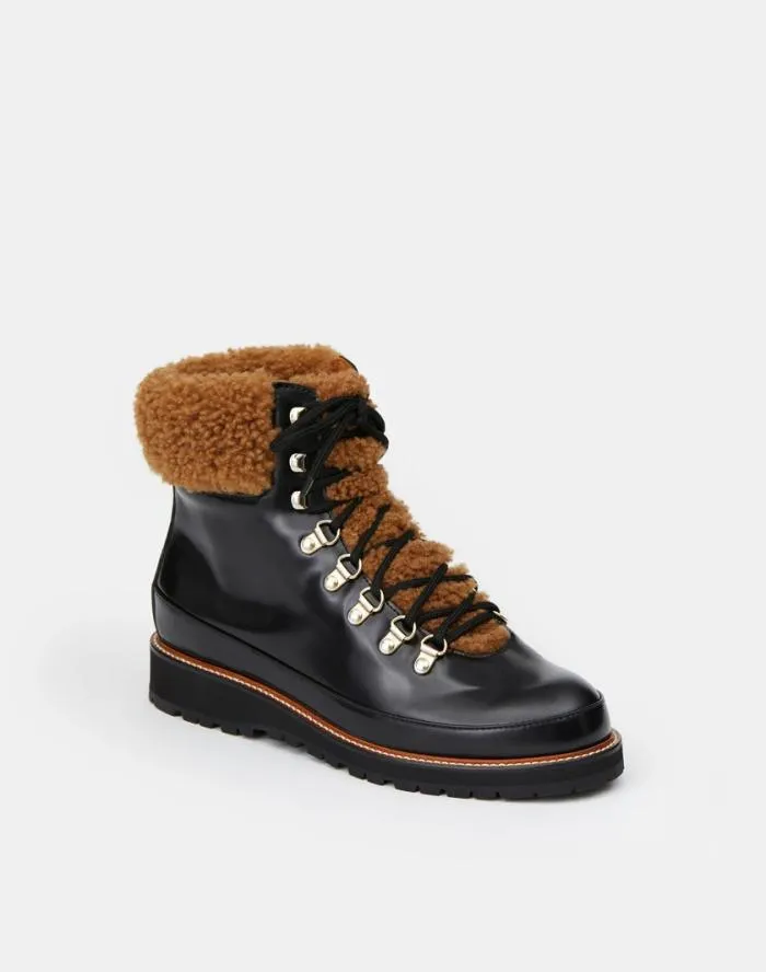 Shoes Brushed Leather and Shearling LaceUp Lug Sole Boot Black Multi Lafayette 148 New York Boots