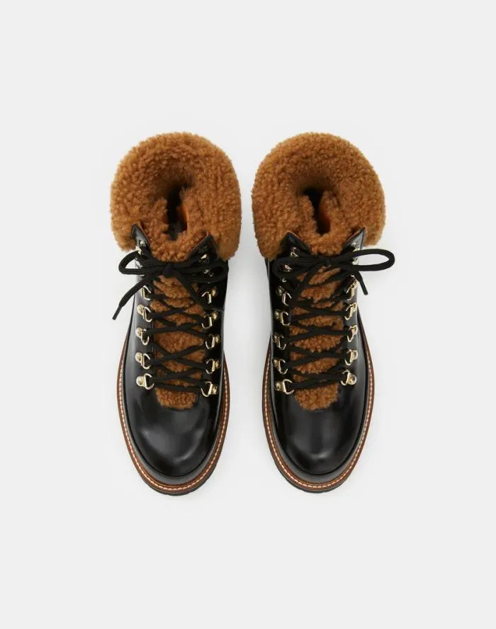 Shoes Brushed Leather and Shearling LaceUp Lug Sole Boot Black Multi Lafayette 148 New York Boots