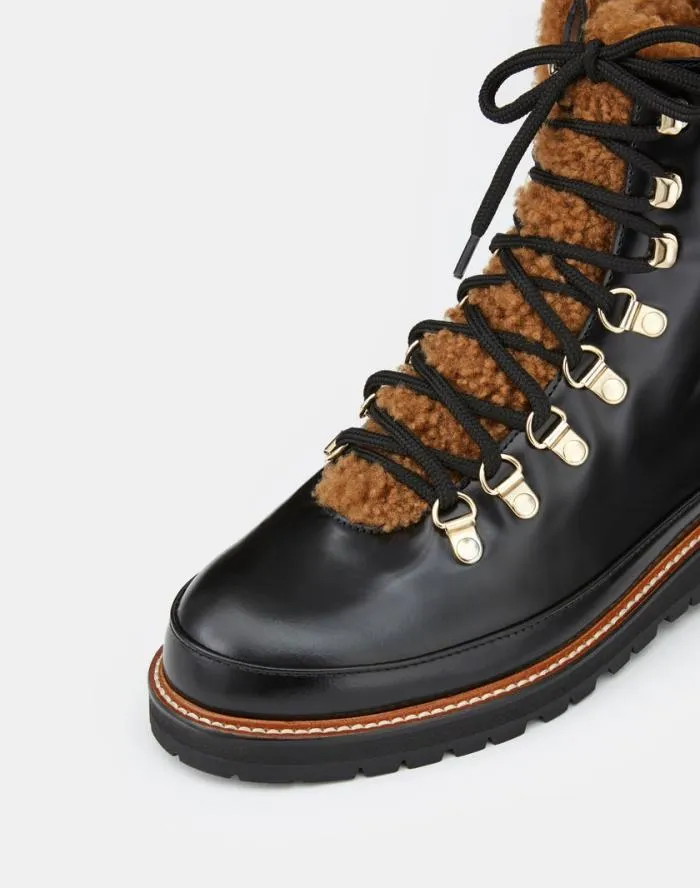 Shoes Brushed Leather and Shearling LaceUp Lug Sole Boot Black Multi Lafayette 148 New York Boots