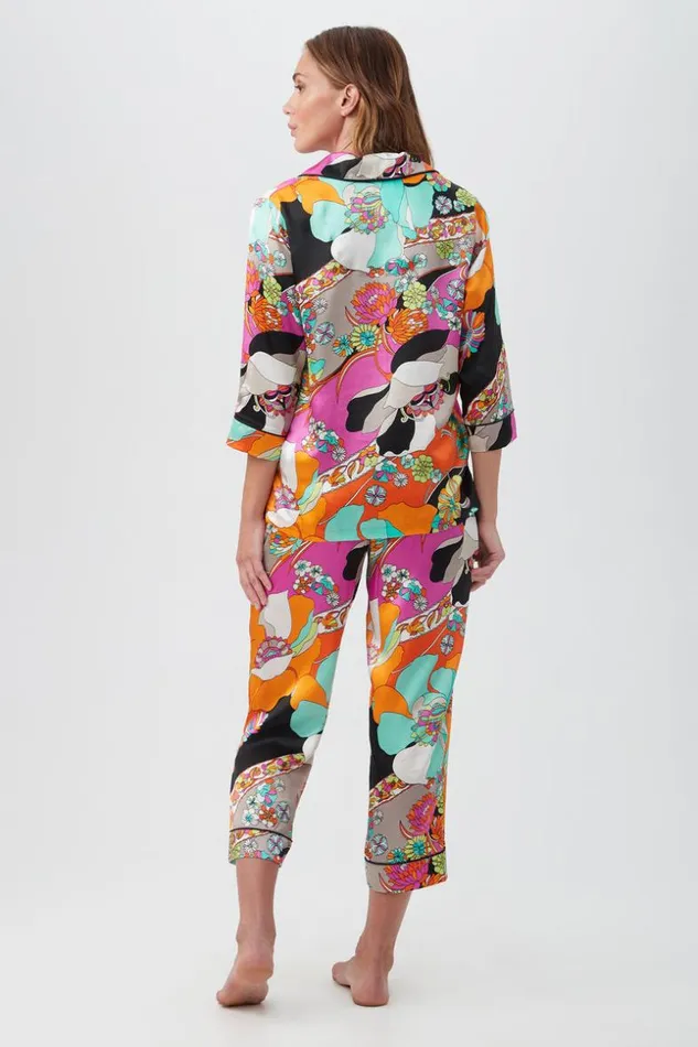 SHOP Trina Turk WOMEN039S SLEEPWEAR SKIPPER SWIRL WOMEN039S 34SLEEVE CROPPED PANT SILK PJ SET