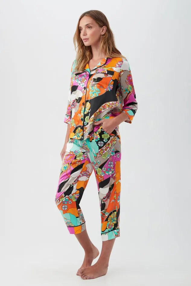 SHOP Trina Turk WOMEN039S SLEEPWEAR SKIPPER SWIRL WOMEN039S 34SLEEVE CROPPED PANT SILK PJ SET