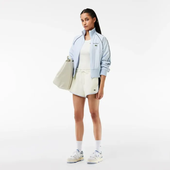 Shorts and Skirts Women Lacoste Women039s Contrast Seam Piqu Shorts White Navy Blue Light Blue It4