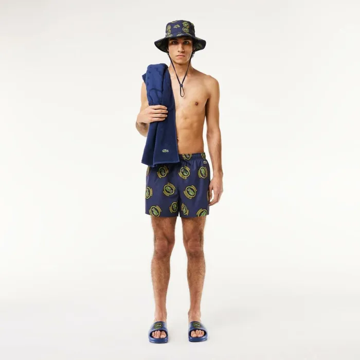 Shorts and Swim Men Lacoste Men039s Logo Badge Swim Trunks Navy Blue Yellow Z57